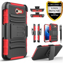Samsung Galaxy J7 V, Galaxy J7 Perx, Galaxy J7 Sky Pro Case, Dual Layers [Combo Holster] Case And Built-In Kickstand Bundled with [Premium Screen Protector] Hybird Shockproof And Circlemalls Stylus Pen (Red)